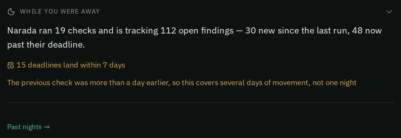 The while-you-were-away block sums up the overnight run, and Past nights links to earlier runs.