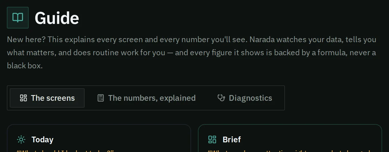 The Guide opens on its tabs, starting with a card for each main screen.