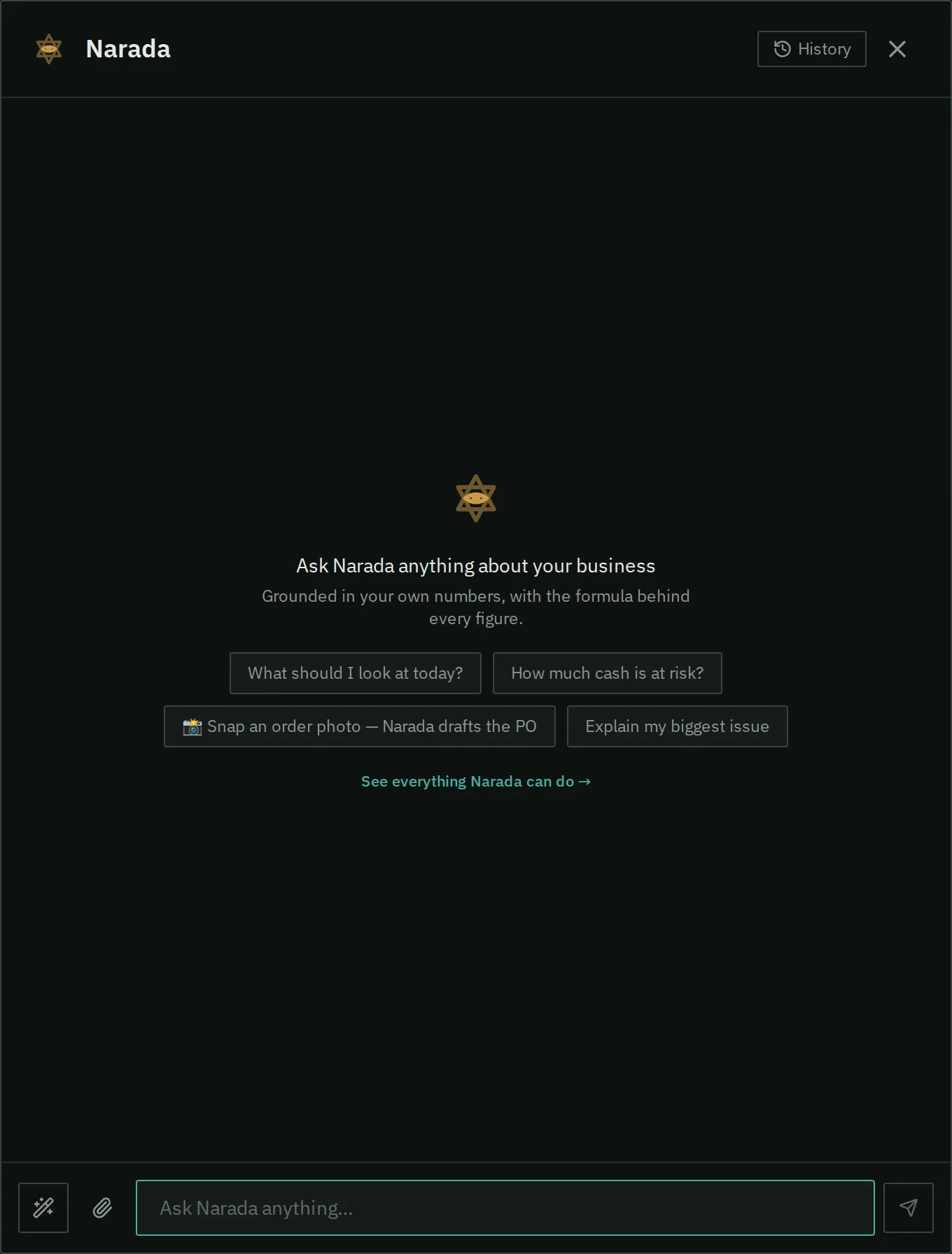 The Narada panel. Type in your own words, or start from a suggested question. History is at the top right.