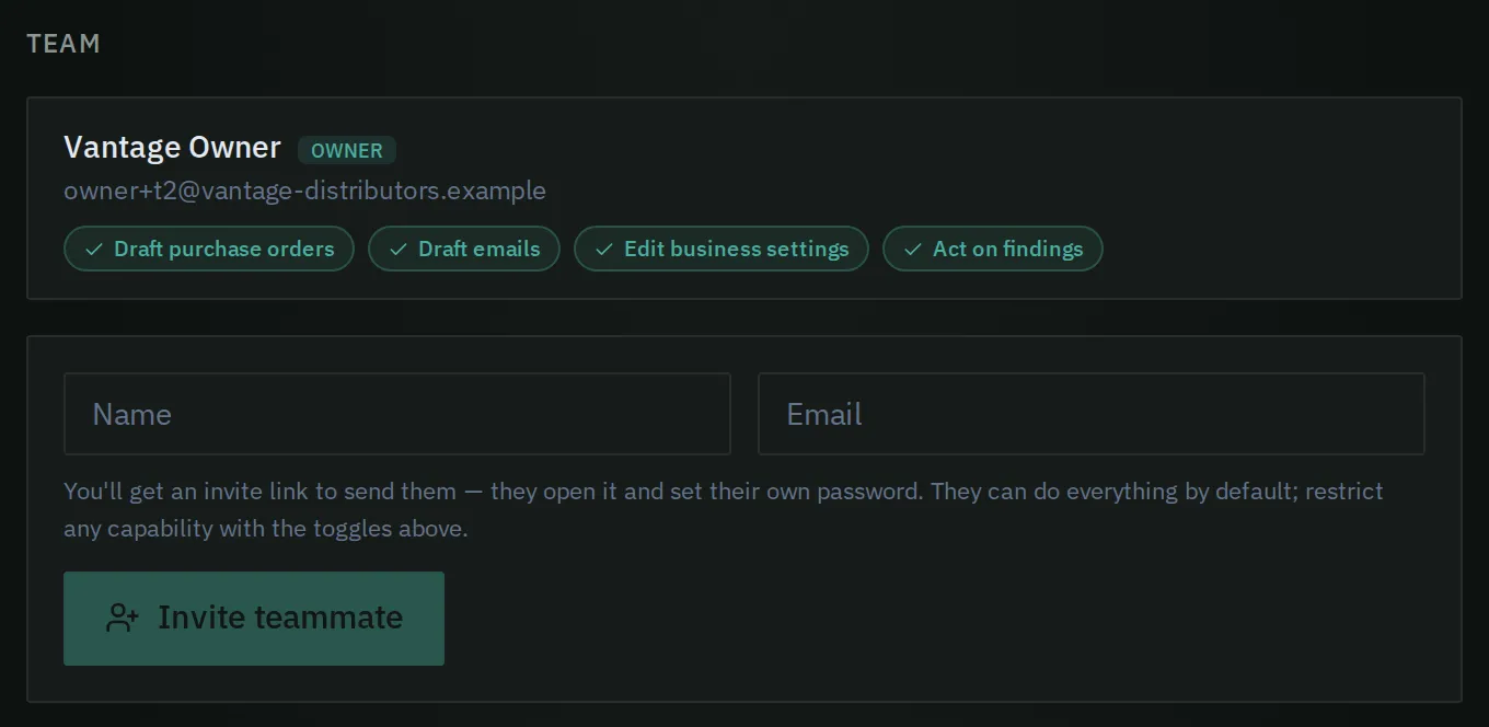 Each teammate has permission switches, and the invite form sits at the bottom of the list.