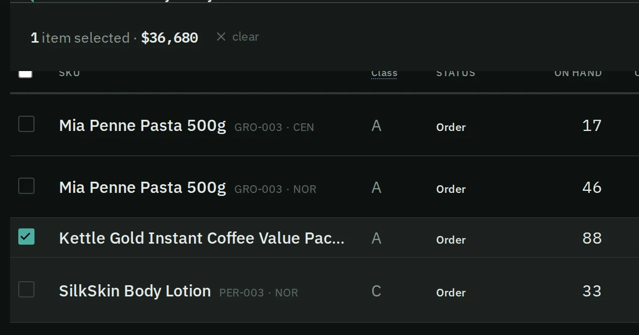 The left half of the list. One line, Kettle Gold Instant Coffee, is ticked. The bar above it reads “1 item selected” and the price.