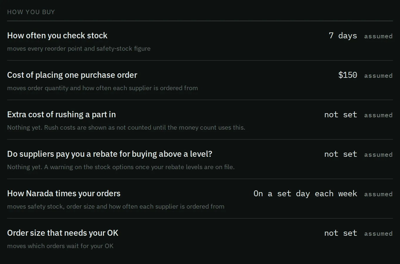 The How you buy group. Each row shows the value Narada uses, and whether it is assumed or stated by you.